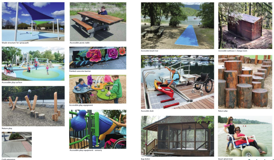 Playground with colorful equipment, seating, a path, and a lakeside view.