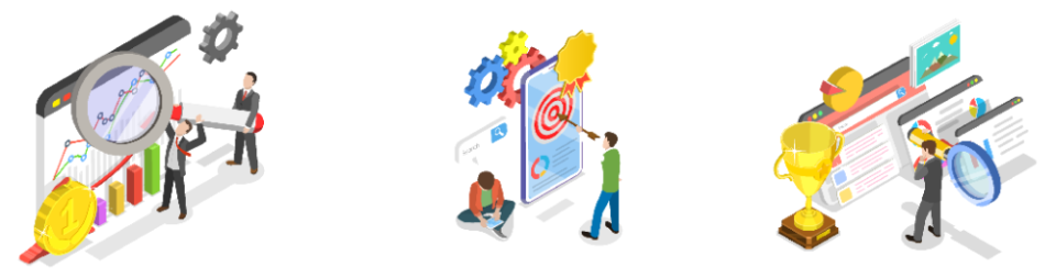 Business illustration with charts, gears, and trophy.