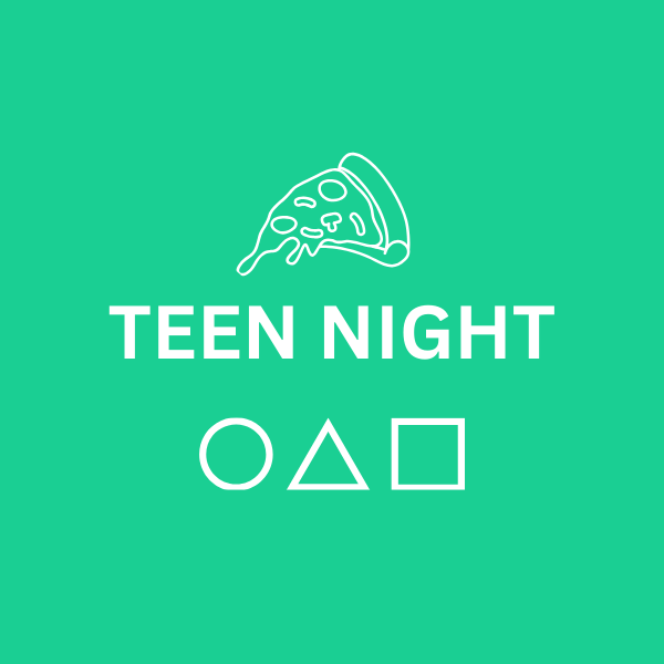 Teen Night logo with pizza slice and shapes on green background.